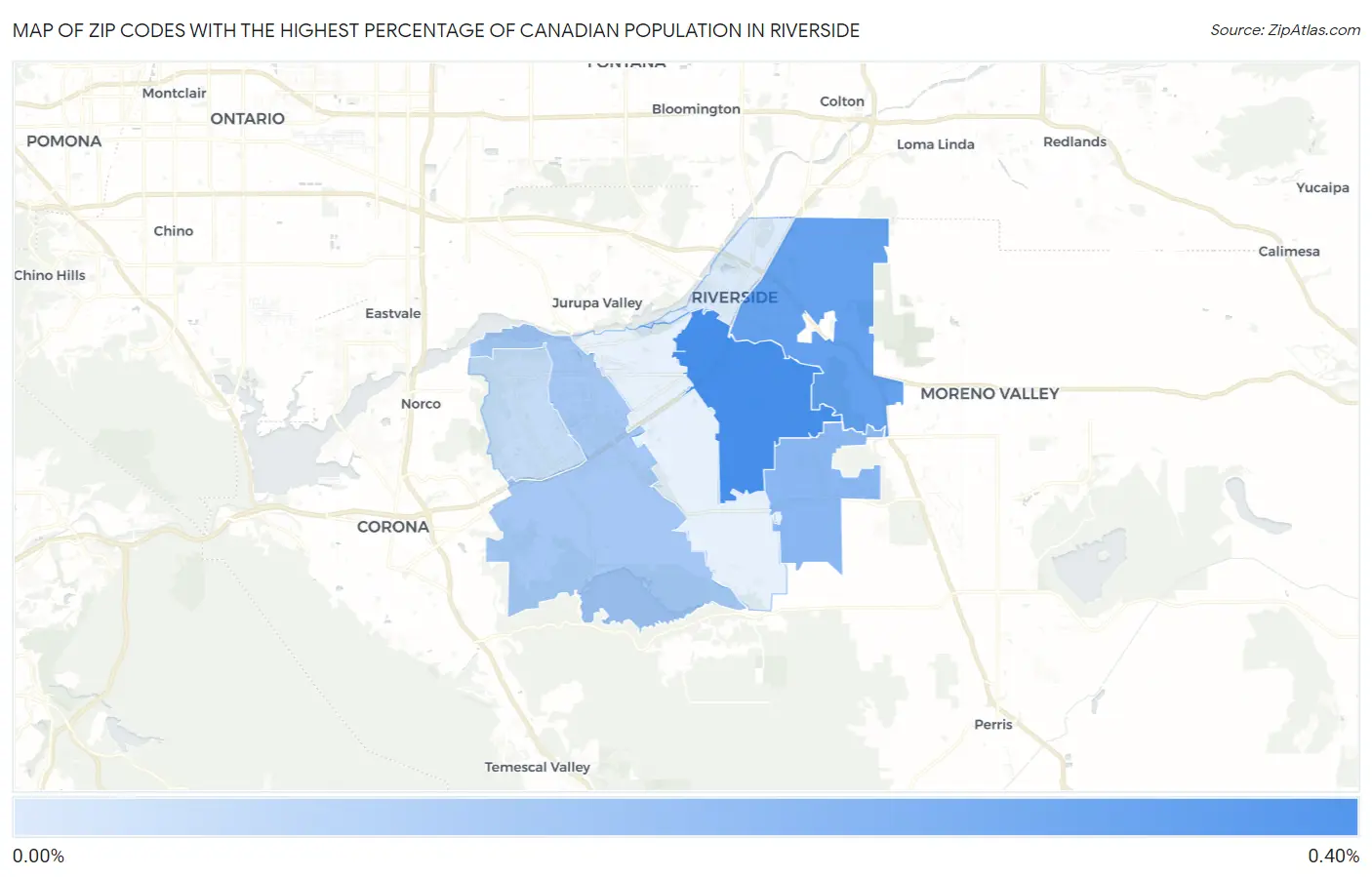 Zip Codes with the Highest Percentage of Canadian Population in Riverside Map