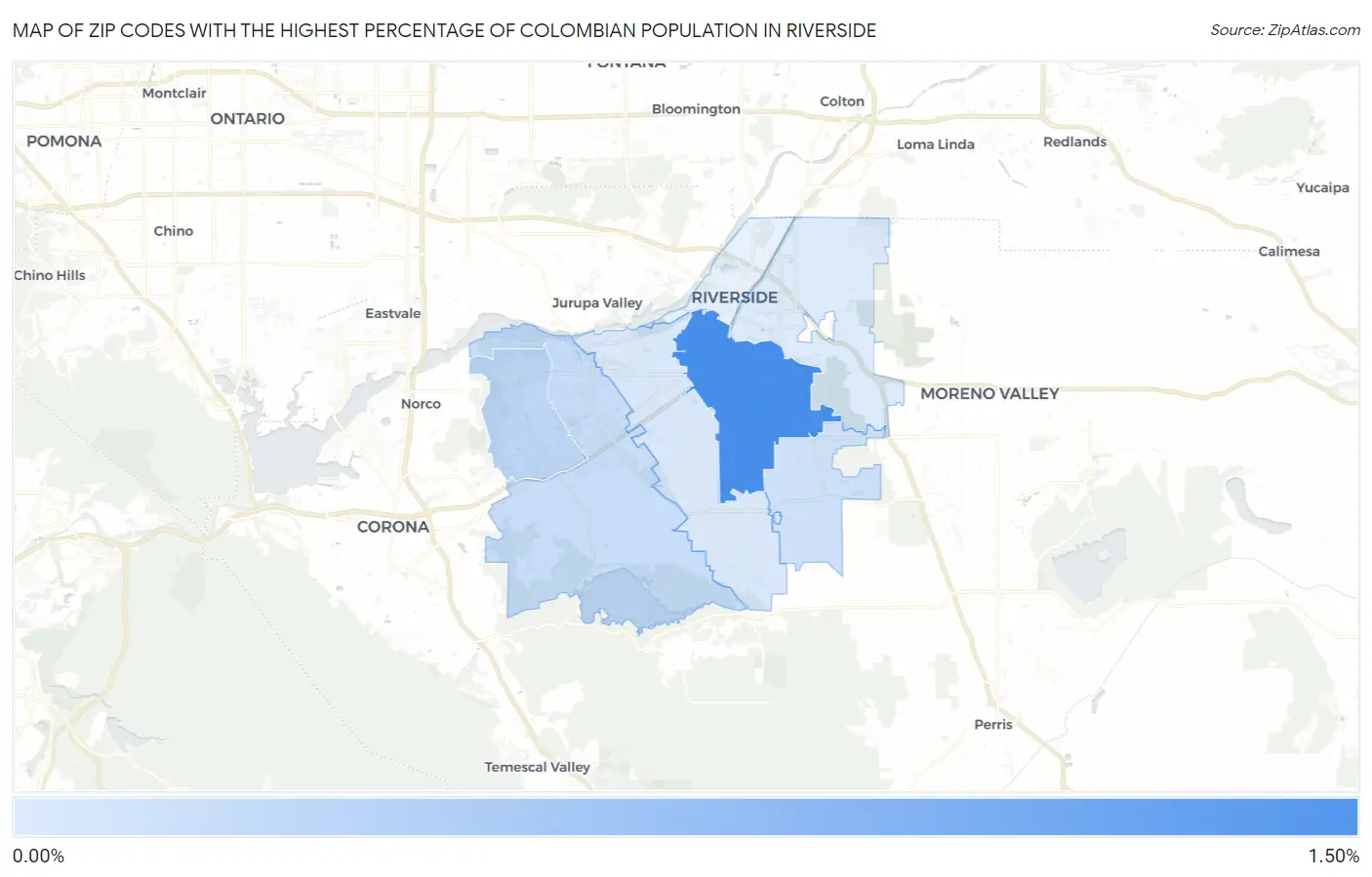 Zip Codes with the Highest Percentage of Colombian Population in Riverside Map
