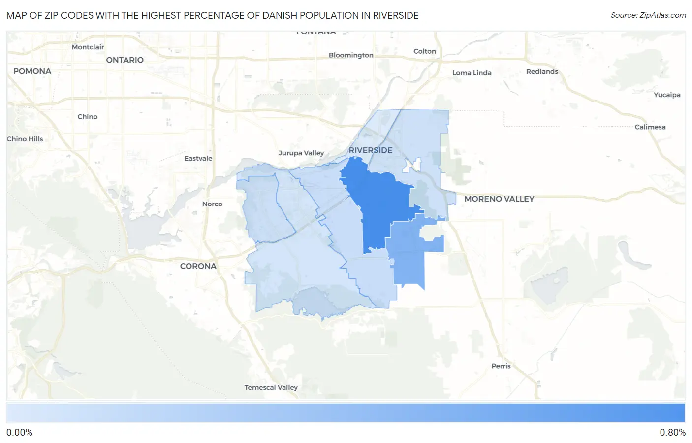 Zip Codes with the Highest Percentage of Danish Population in Riverside Map