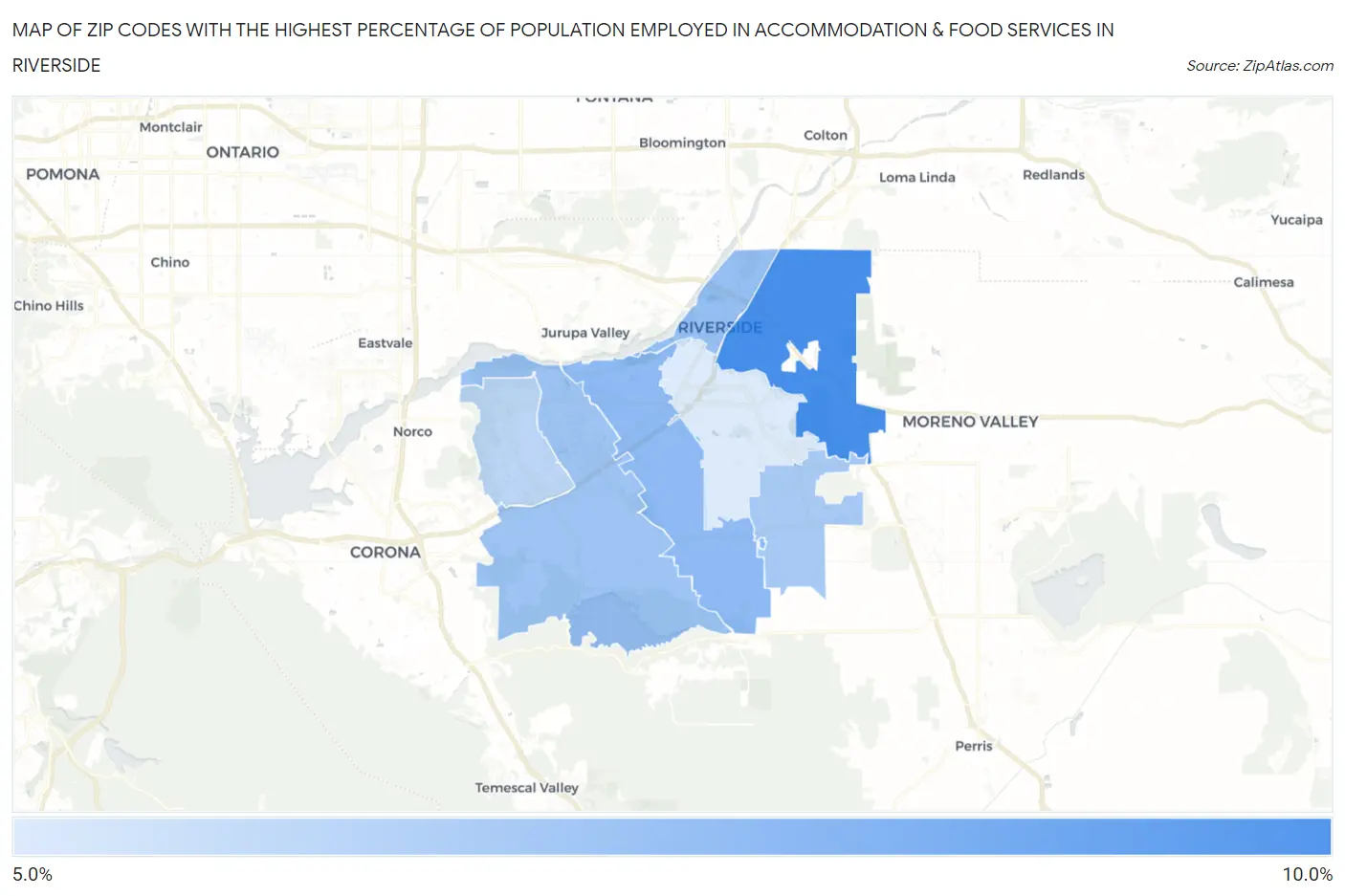 Zip Codes with the Highest Percentage of Population Employed in Accommodation & Food Services in Riverside Map