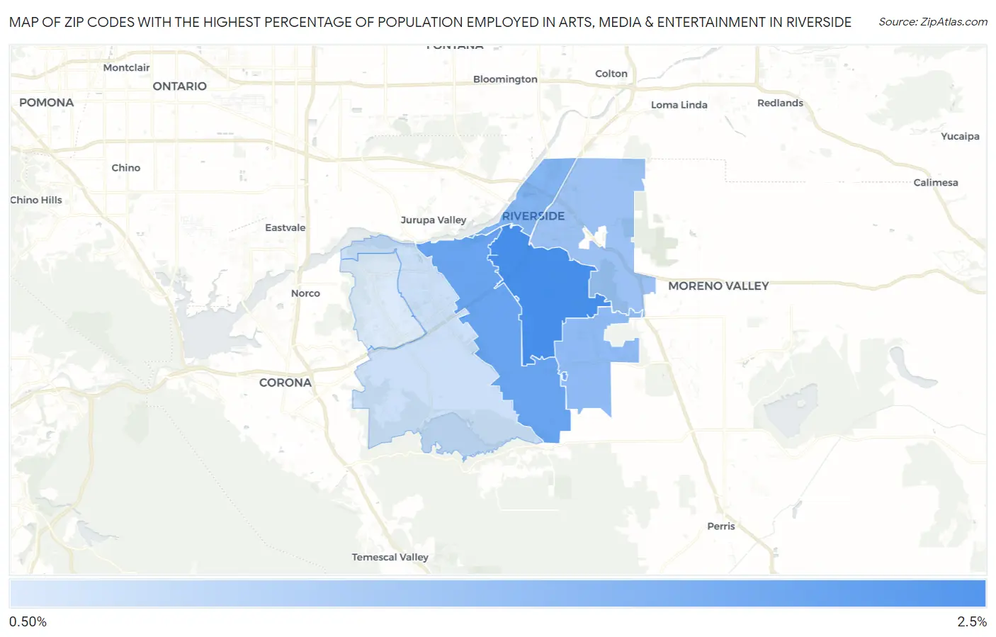 Zip Codes with the Highest Percentage of Population Employed in Arts, Media & Entertainment in Riverside Map