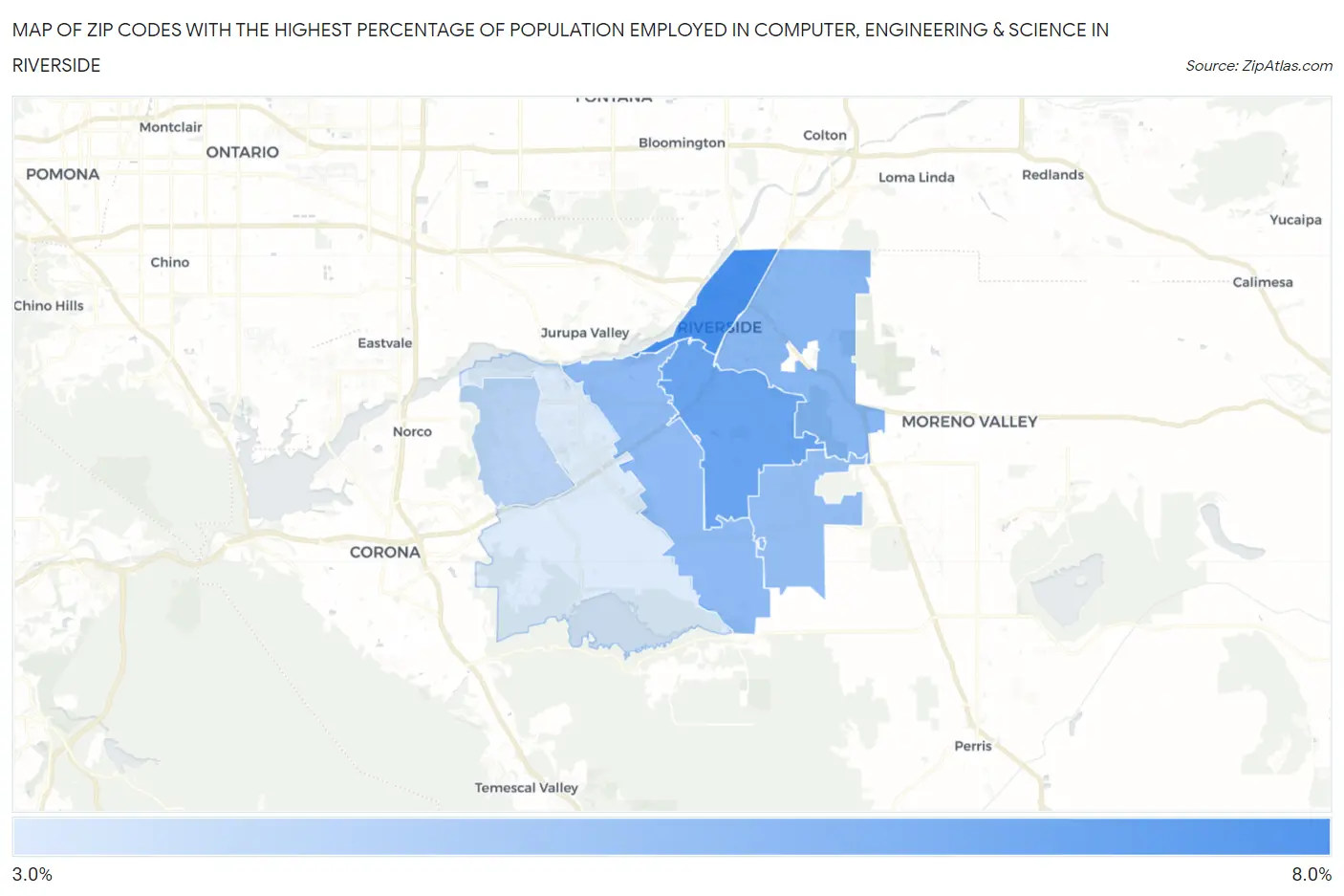 Zip Codes with the Highest Percentage of Population Employed in Computer, Engineering & Science in Riverside Map