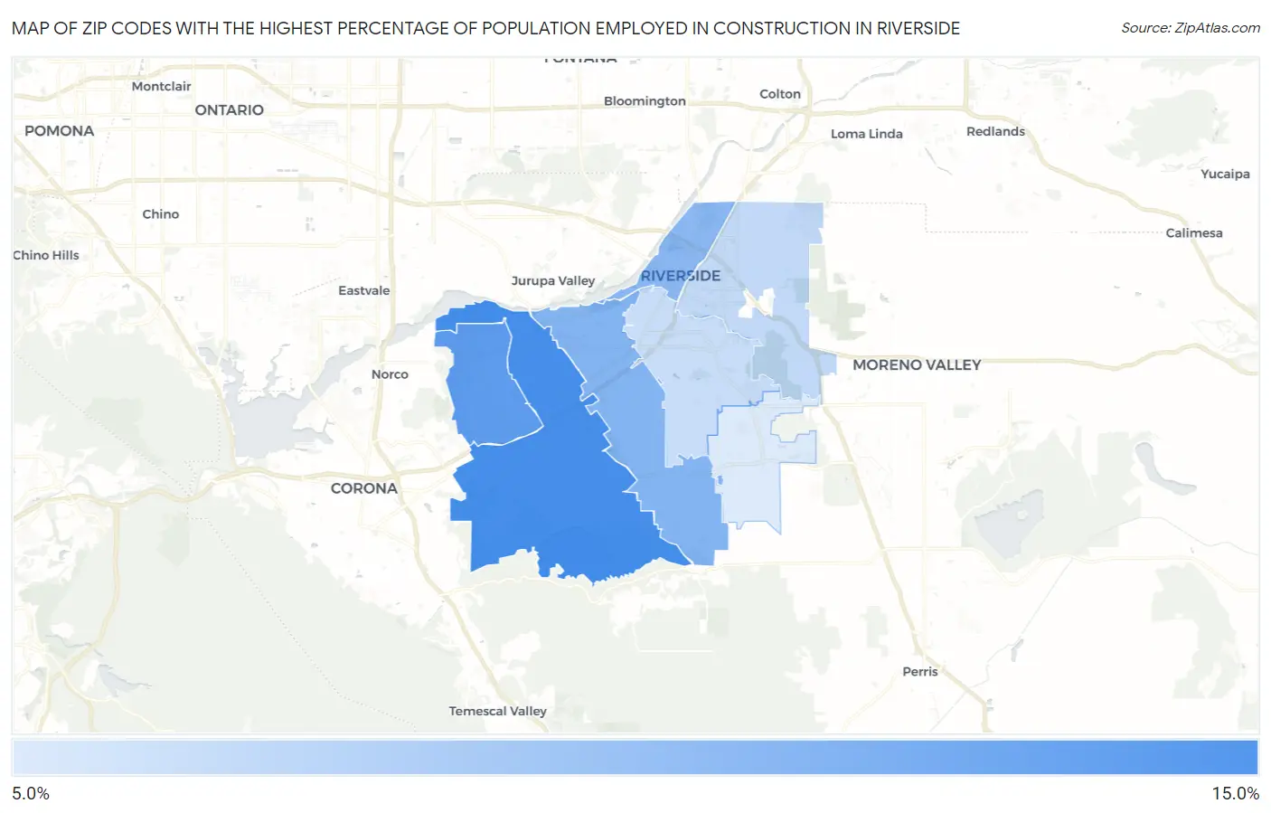 Zip Codes with the Highest Percentage of Population Employed in Construction in Riverside Map