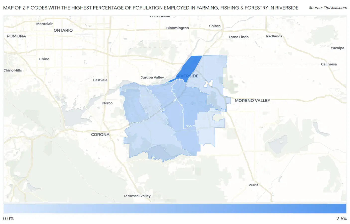Zip Codes with the Highest Percentage of Population Employed in Farming, Fishing & Forestry in Riverside Map