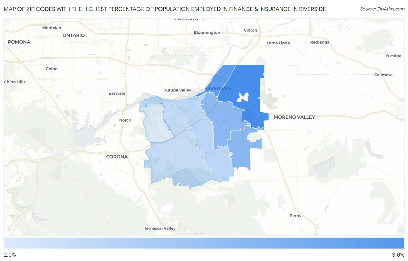 Zip Codes with the Highest Percentage of Population Employed in Finance & Insurance in Riverside Map