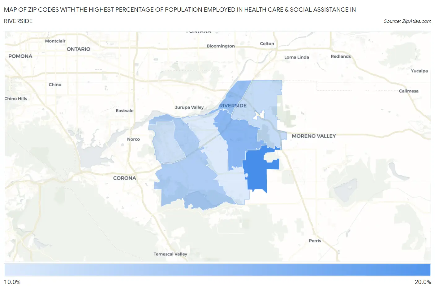 Zip Codes with the Highest Percentage of Population Employed in Health Care & Social Assistance in Riverside Map