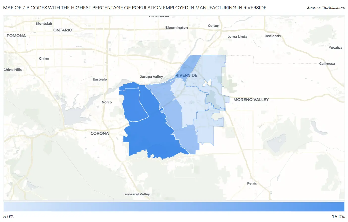 Zip Codes with the Highest Percentage of Population Employed in Manufacturing in Riverside Map