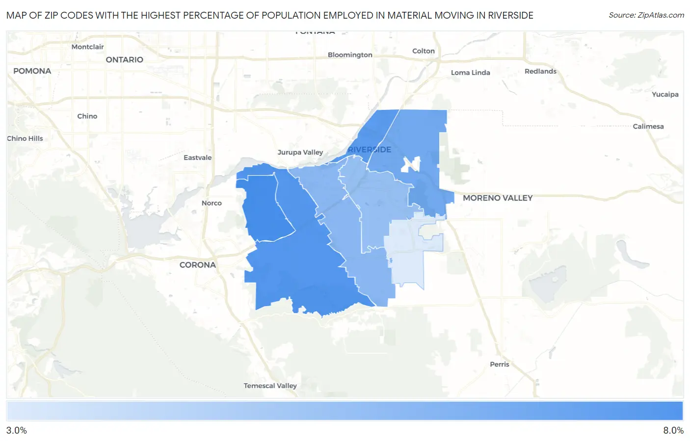Zip Codes with the Highest Percentage of Population Employed in Material Moving in Riverside Map