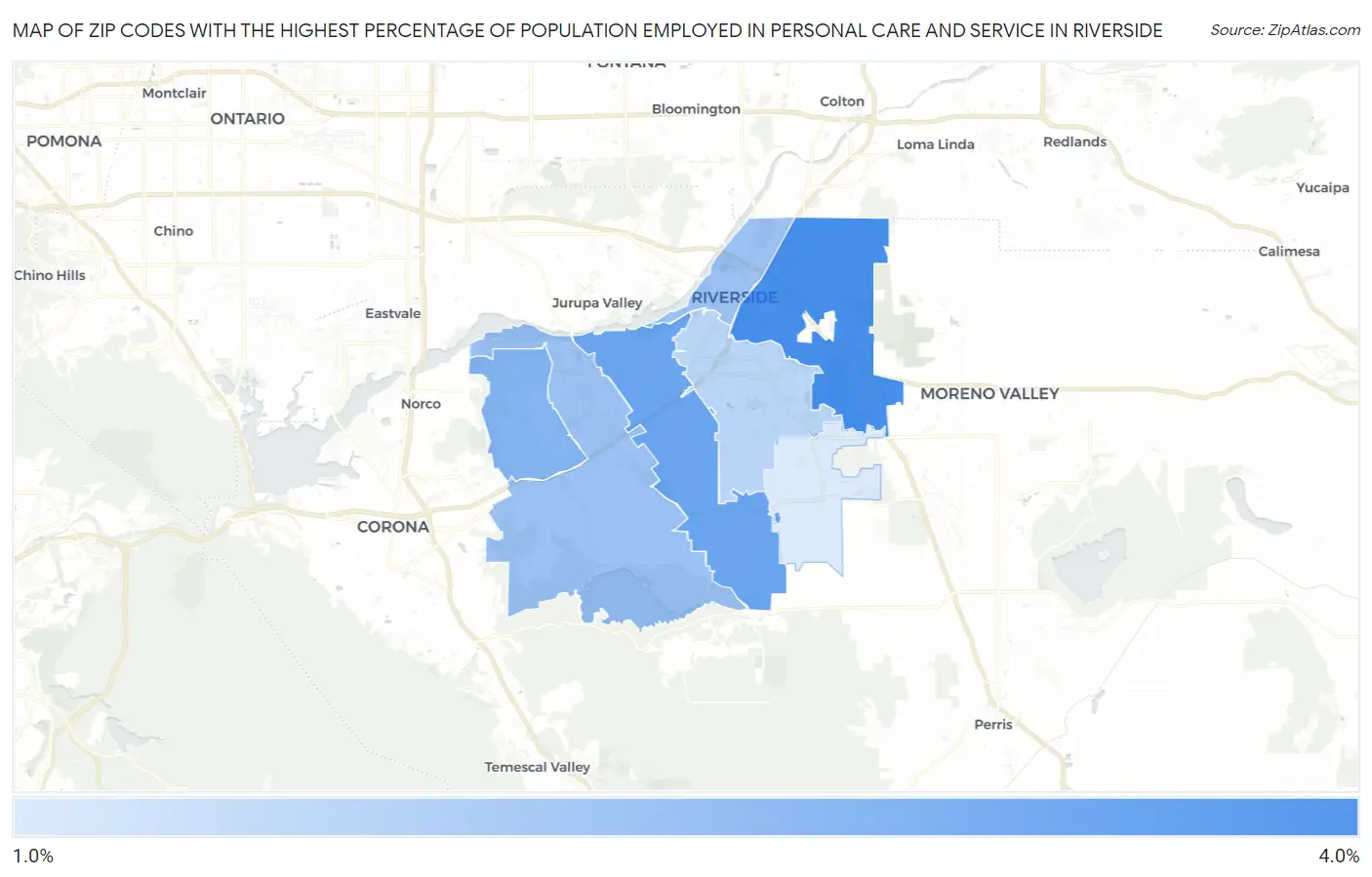 Zip Codes with the Highest Percentage of Population Employed in Personal Care and Service in Riverside Map