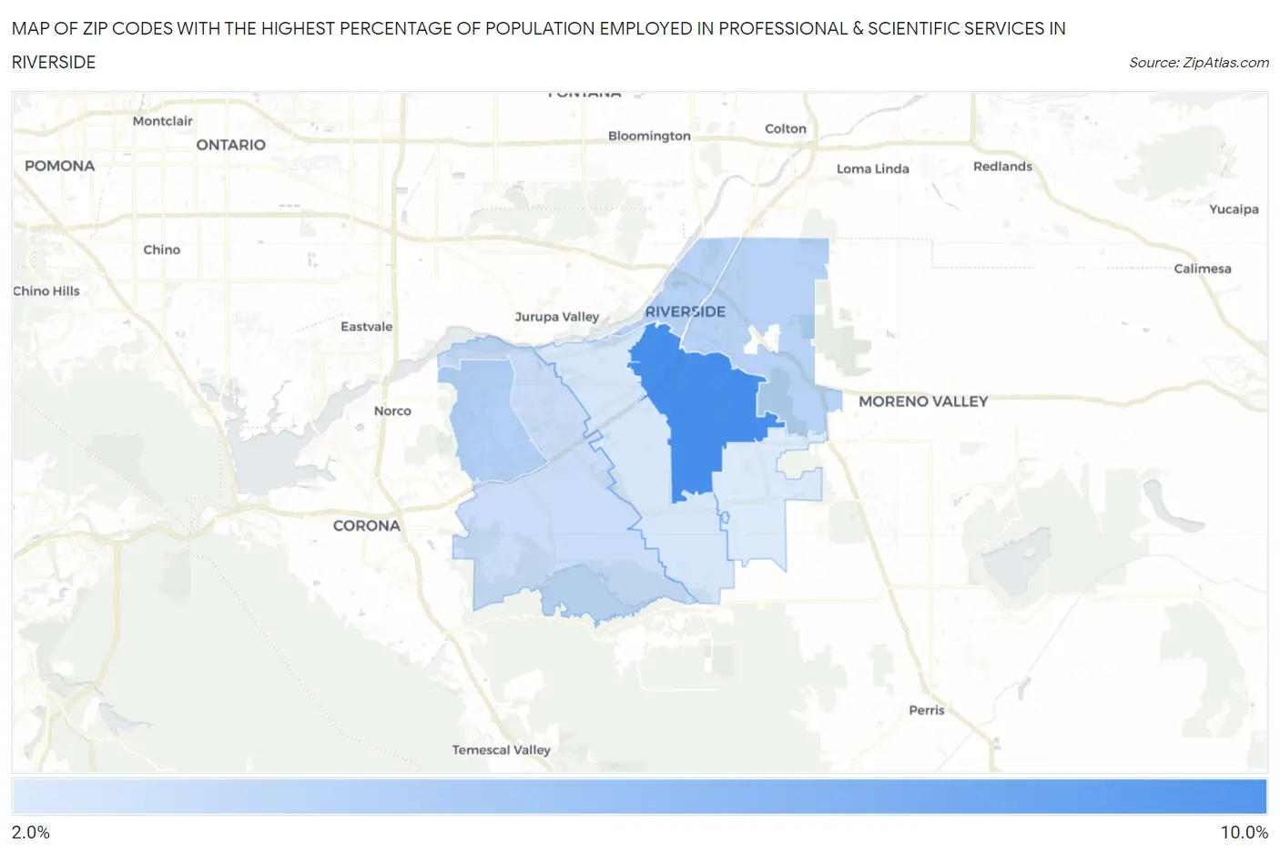 Zip Codes with the Highest Percentage of Population Employed in Professional & Scientific Services in Riverside Map