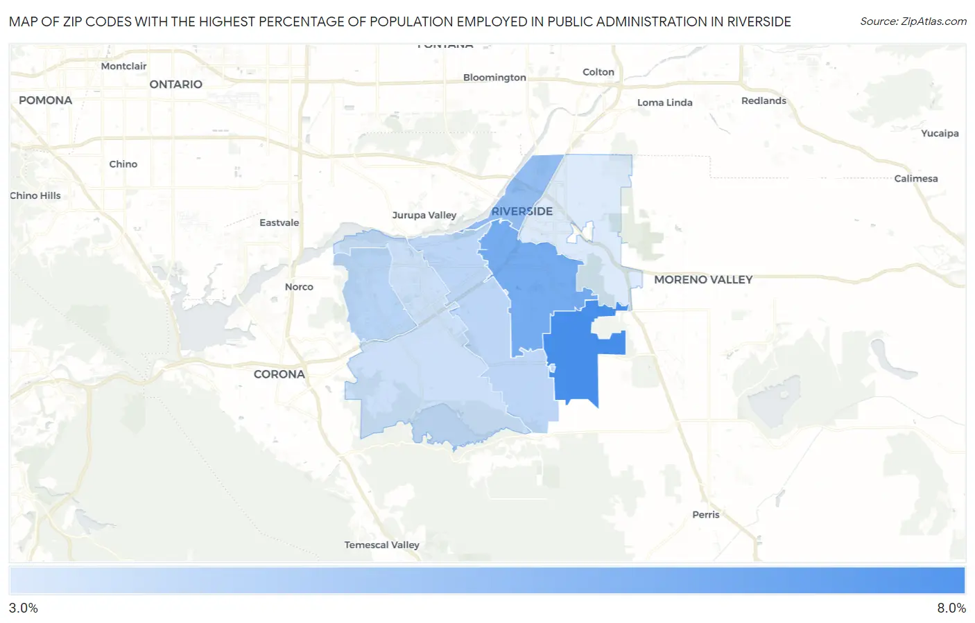 Zip Codes with the Highest Percentage of Population Employed in Public Administration in Riverside Map