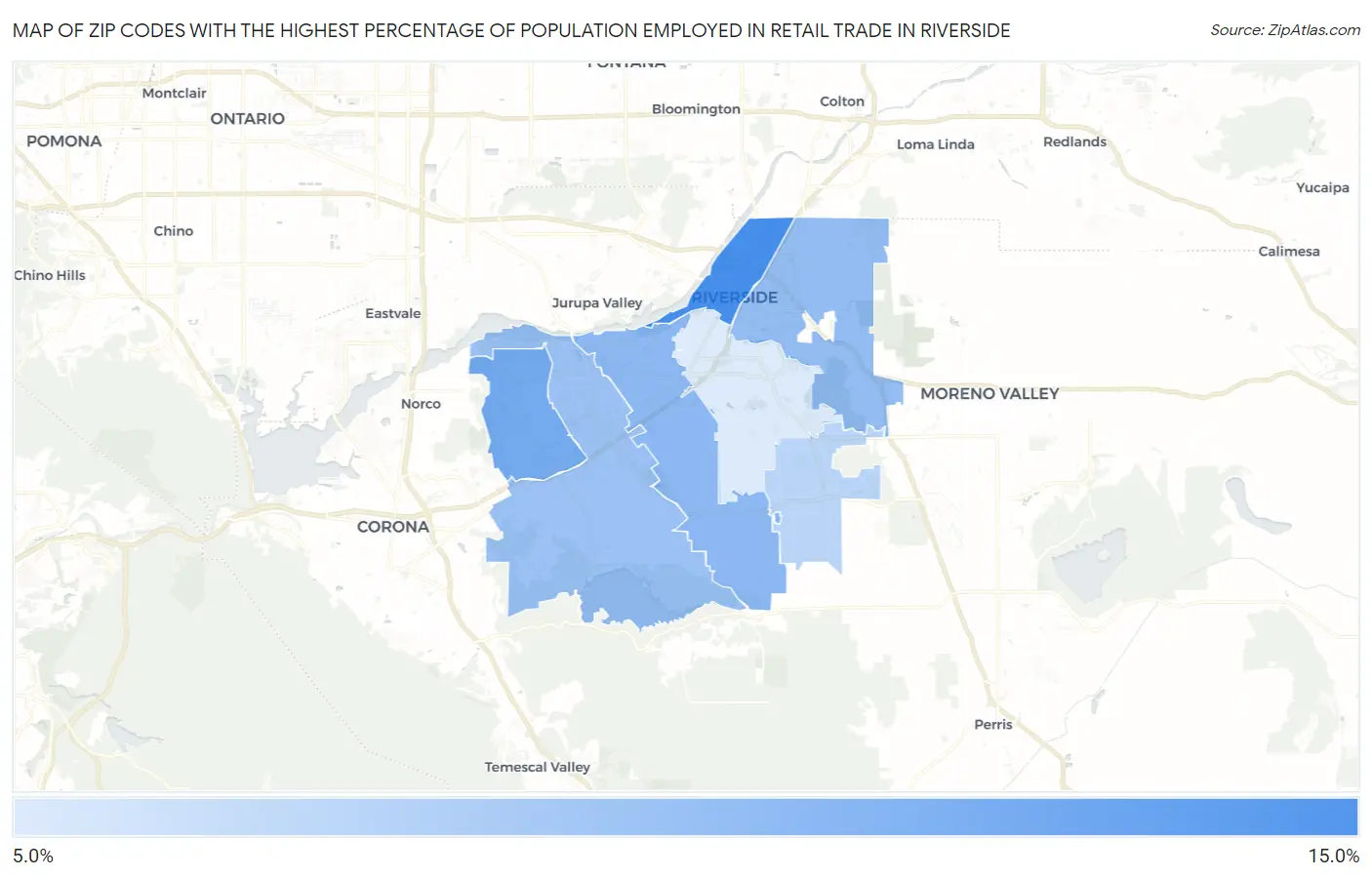 Zip Codes with the Highest Percentage of Population Employed in Retail Trade in Riverside Map