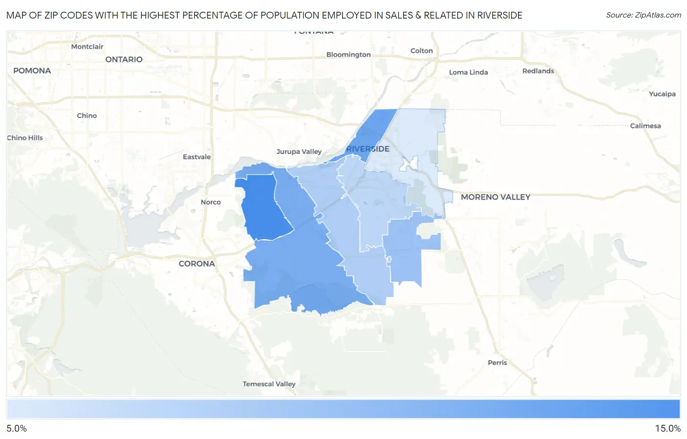 Zip Codes with the Highest Percentage of Population Employed in Sales & Related in Riverside Map