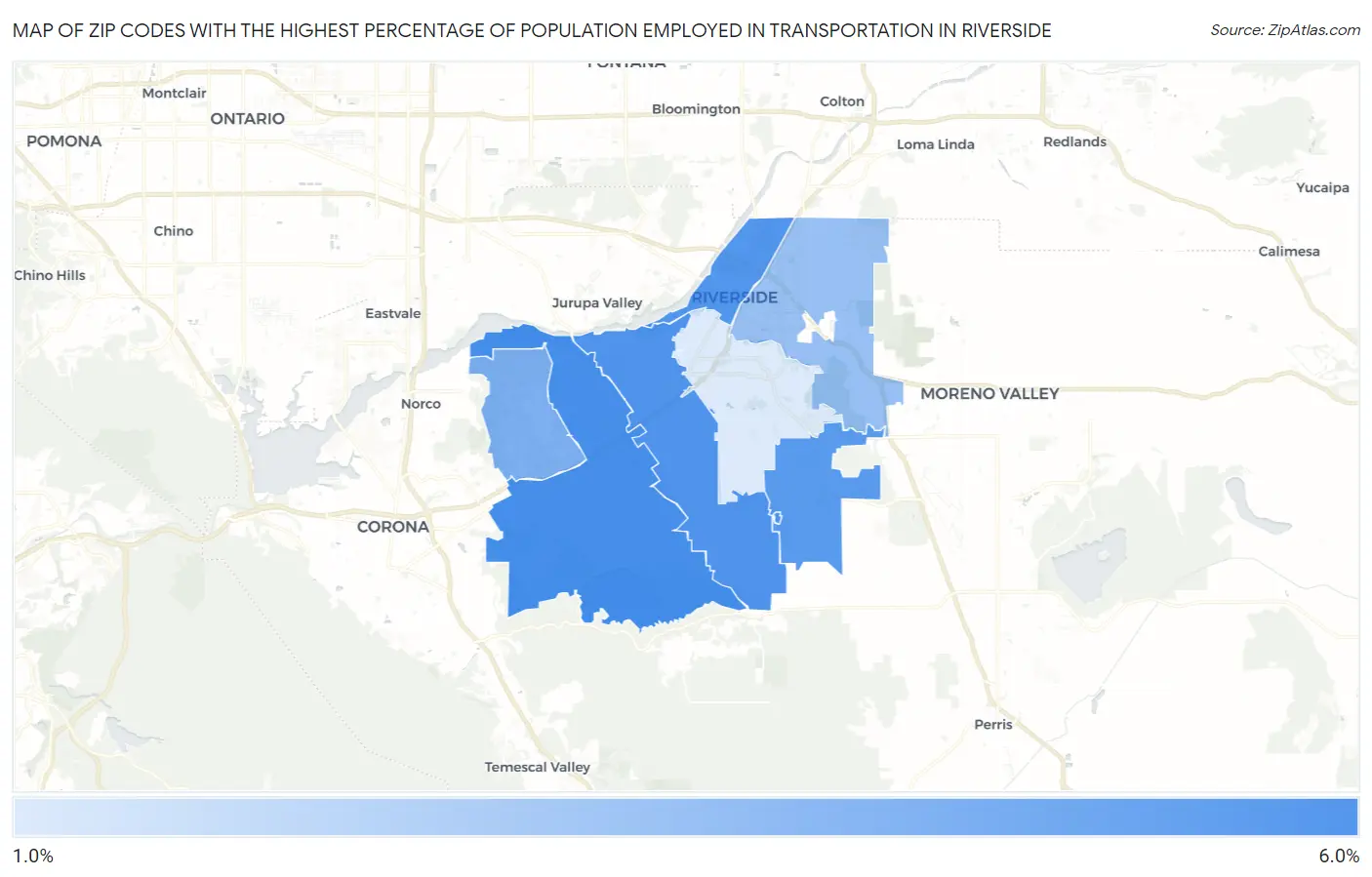 Zip Codes with the Highest Percentage of Population Employed in Transportation in Riverside Map