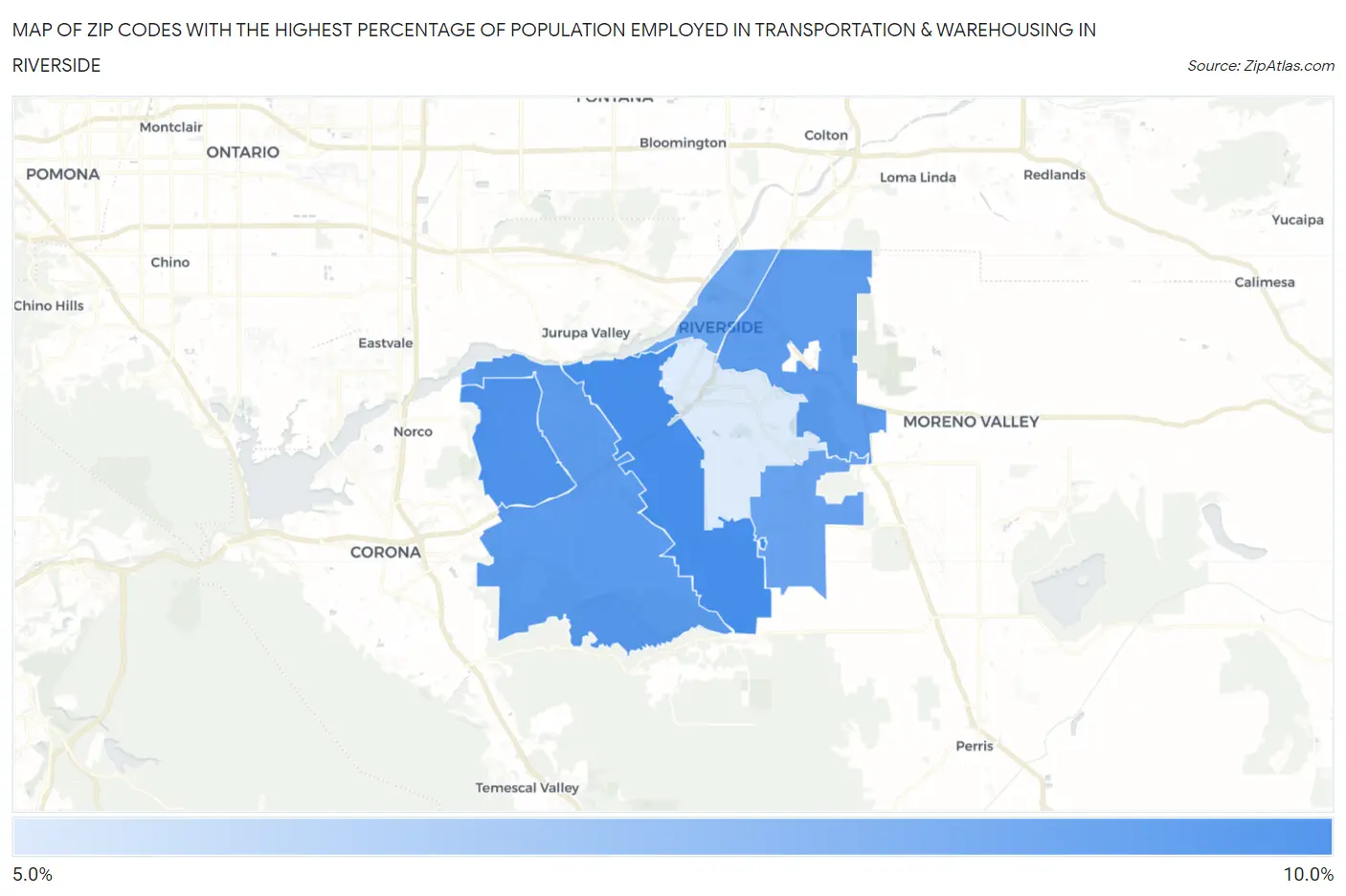 Zip Codes with the Highest Percentage of Population Employed in Transportation & Warehousing in Riverside Map