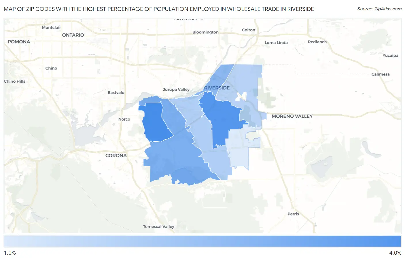 Zip Codes with the Highest Percentage of Population Employed in Wholesale Trade in Riverside Map