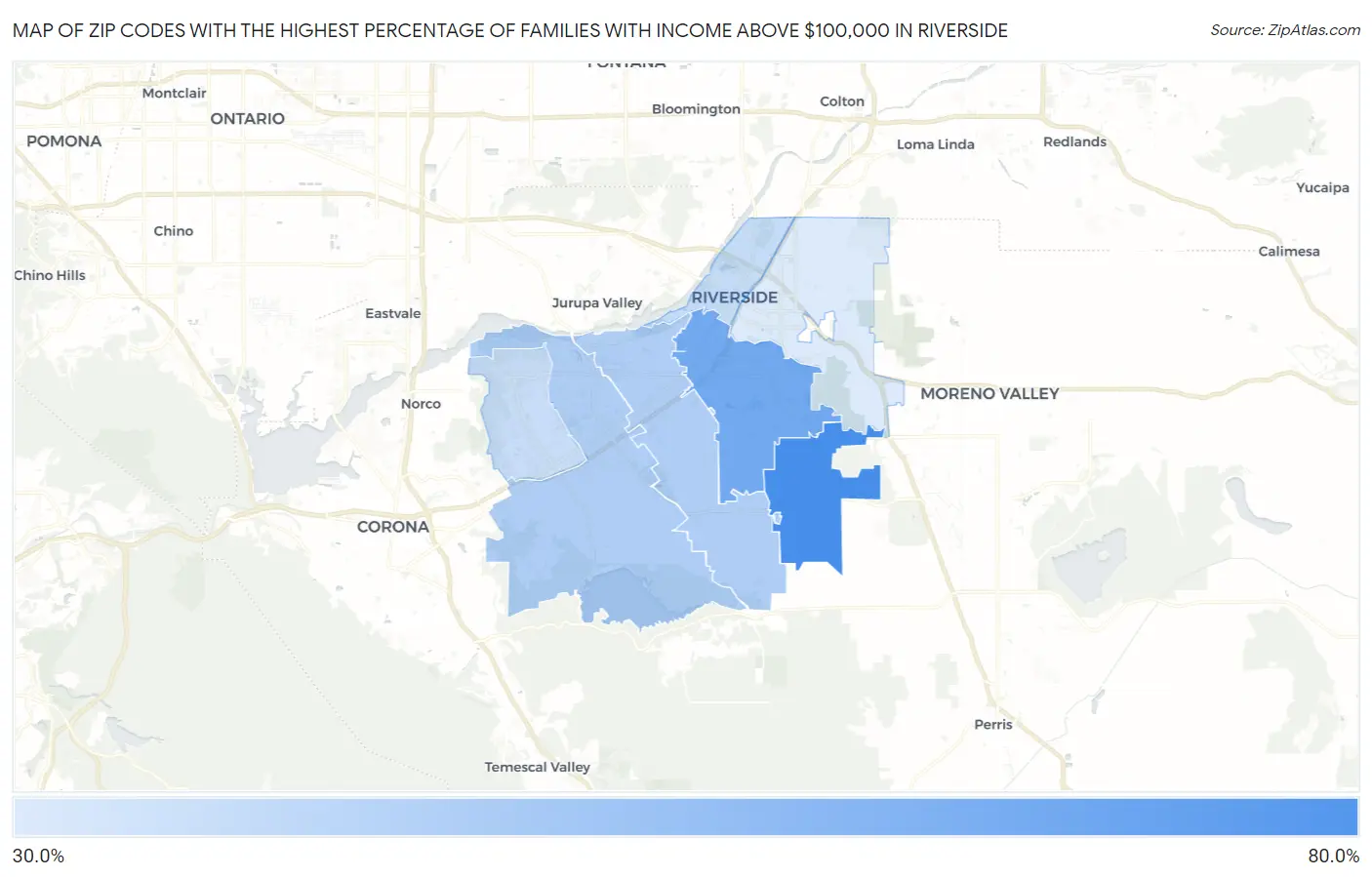 Zip Codes with the Highest Percentage of Families with Income Above $100,000 in Riverside Map