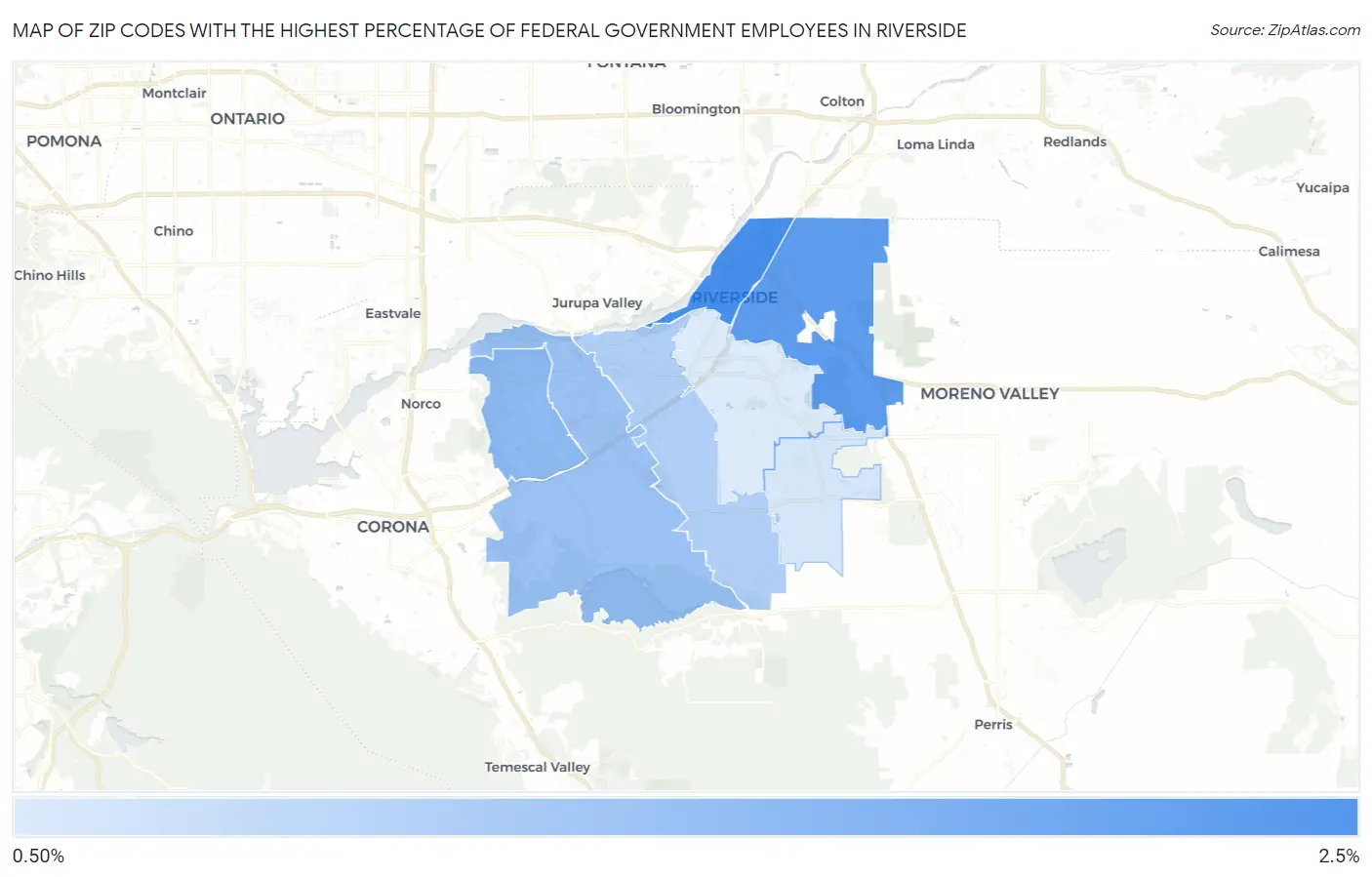 Zip Codes with the Highest Percentage of Federal Government Employees in Riverside Map