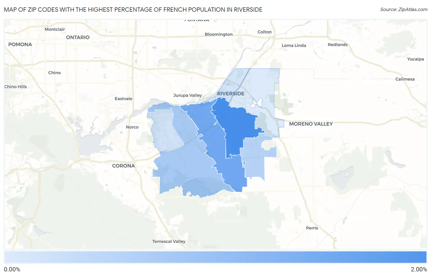Zip Codes with the Highest Percentage of French Population in Riverside Map
