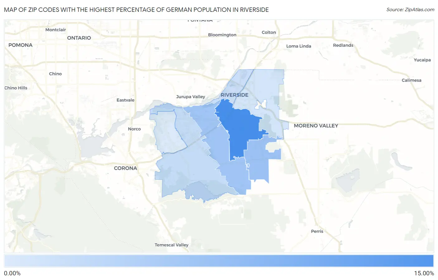 Zip Codes with the Highest Percentage of German Population in Riverside Map