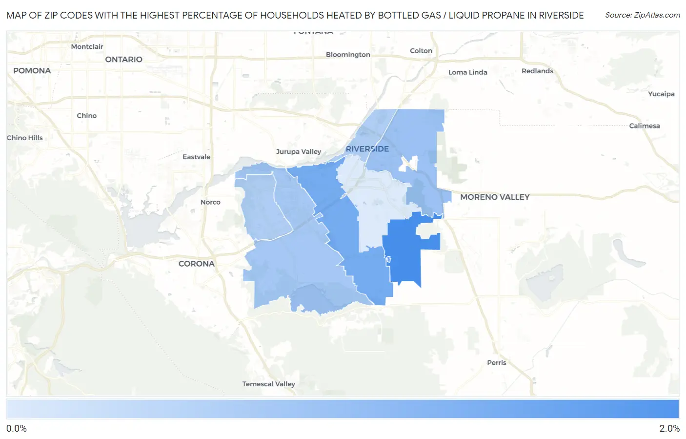 Zip Codes with the Highest Percentage of Households Heated by Bottled Gas / Liquid Propane in Riverside Map