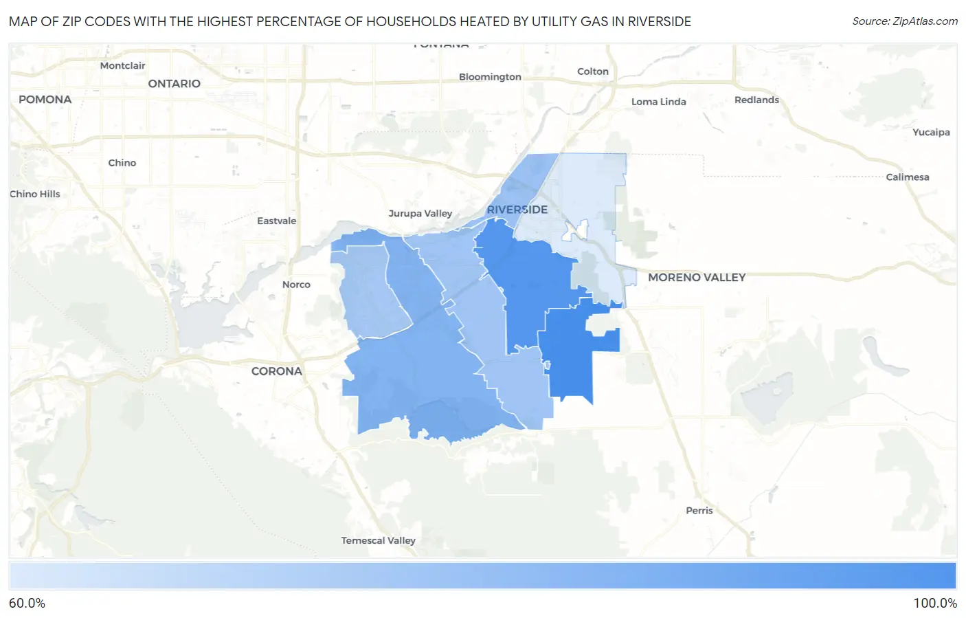 Zip Codes with the Highest Percentage of Households Heated by Utility Gas in Riverside Map