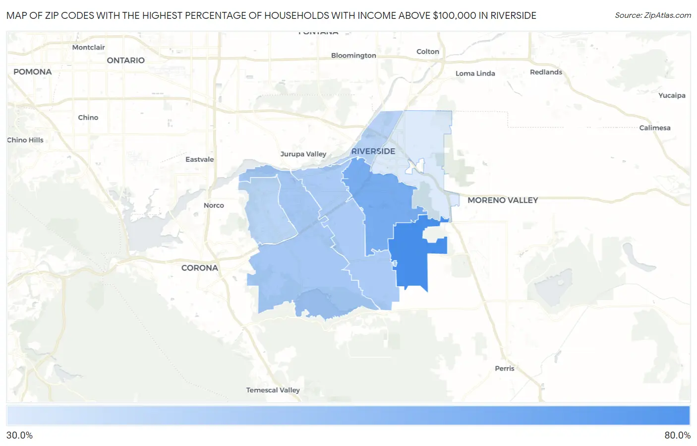 Zip Codes with the Highest Percentage of Households with Income Above $100,000 in Riverside Map