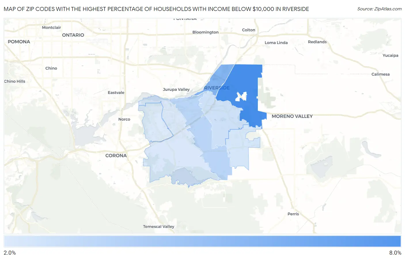 Zip Codes with the Highest Percentage of Households with Income Below $10,000 in Riverside Map