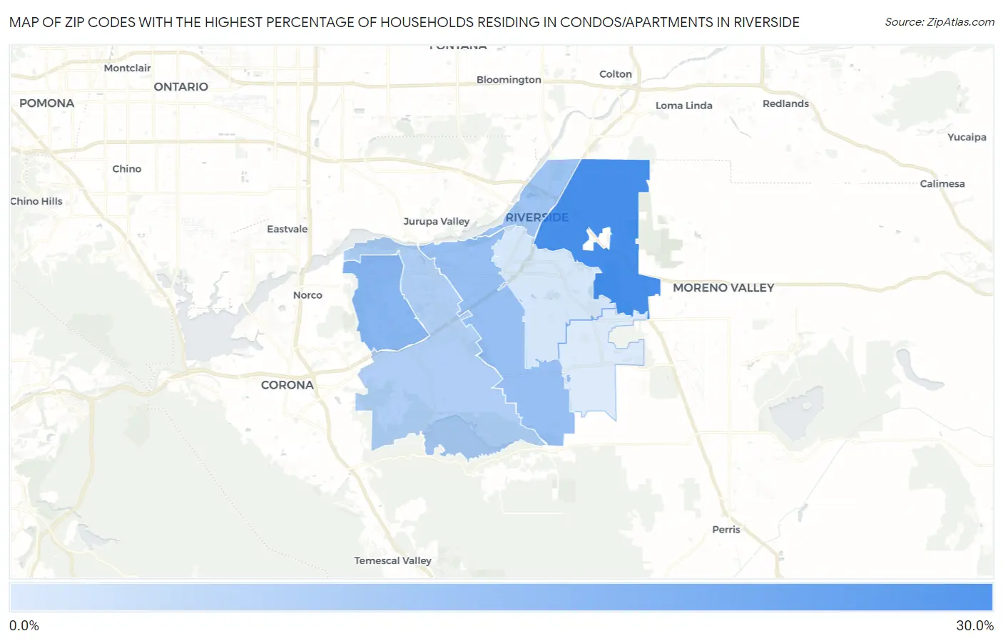 Zip Codes with the Highest Percentage of Households Residing in Condos/Apartments in Riverside Map
