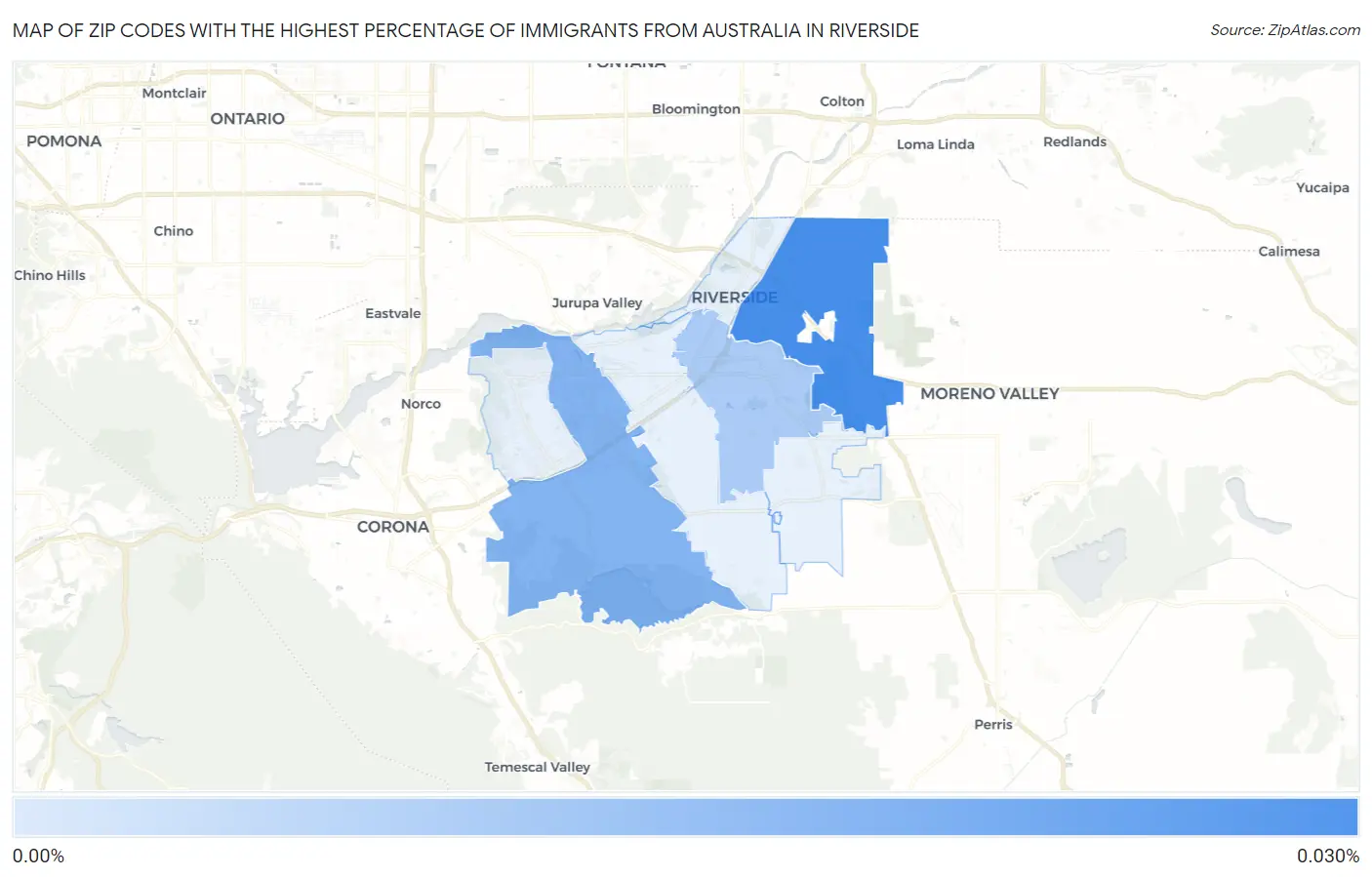 Zip Codes with the Highest Percentage of Immigrants from Australia in Riverside Map