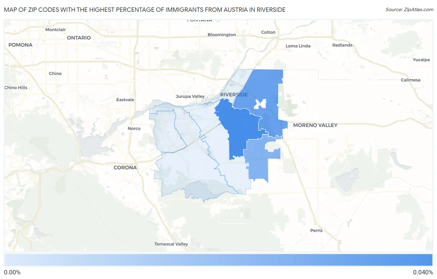 Zip Codes with the Highest Percentage of Immigrants from Austria in Riverside Map