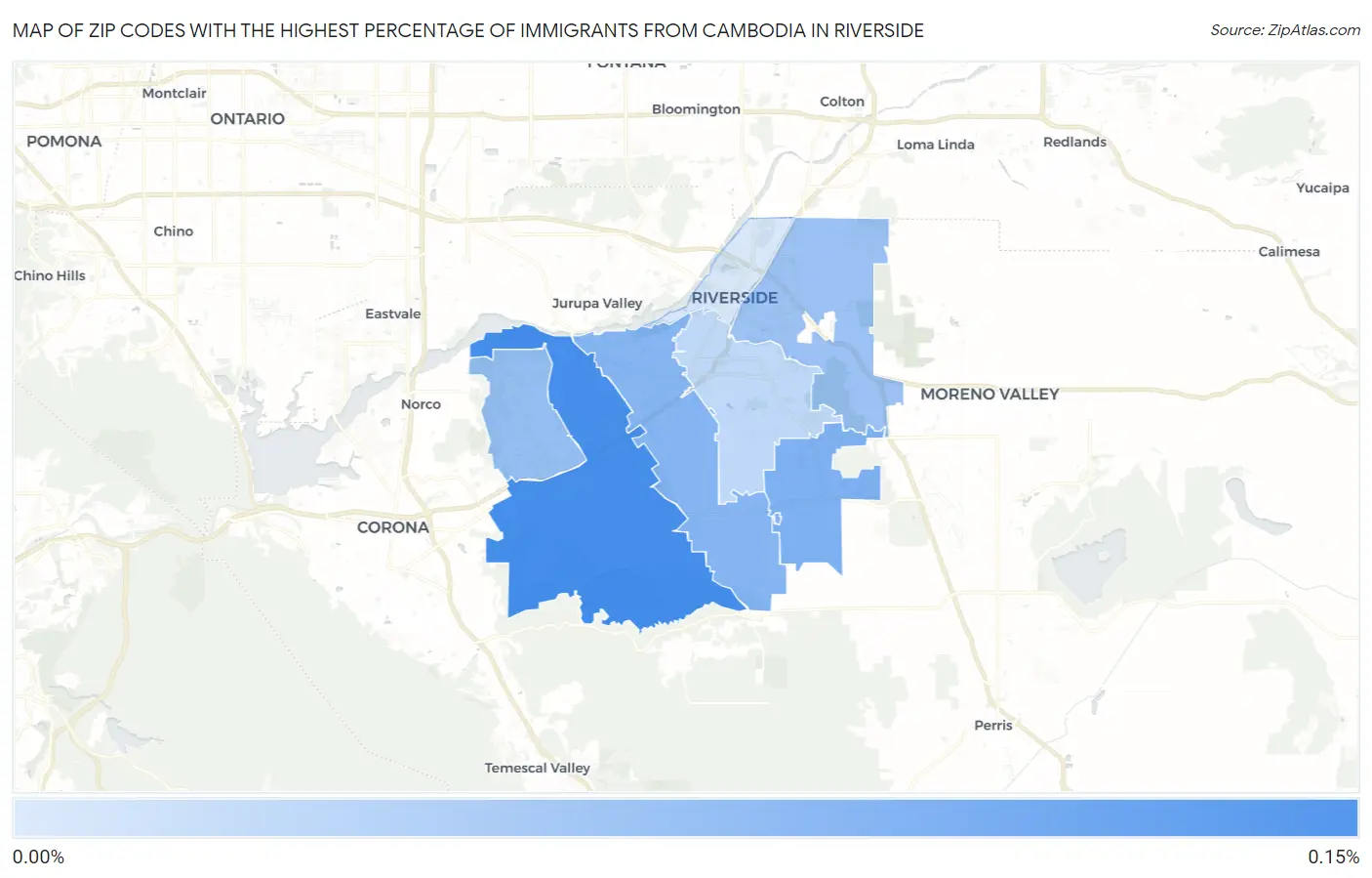Zip Codes with the Highest Percentage of Immigrants from Cambodia in Riverside Map