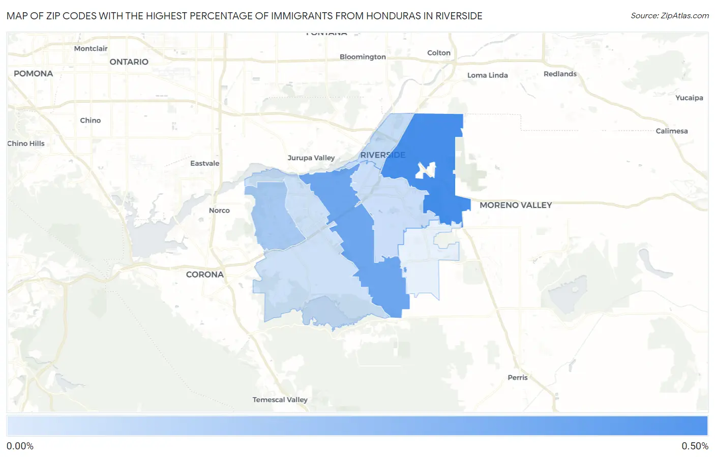 Zip Codes with the Highest Percentage of Immigrants from Honduras in Riverside Map