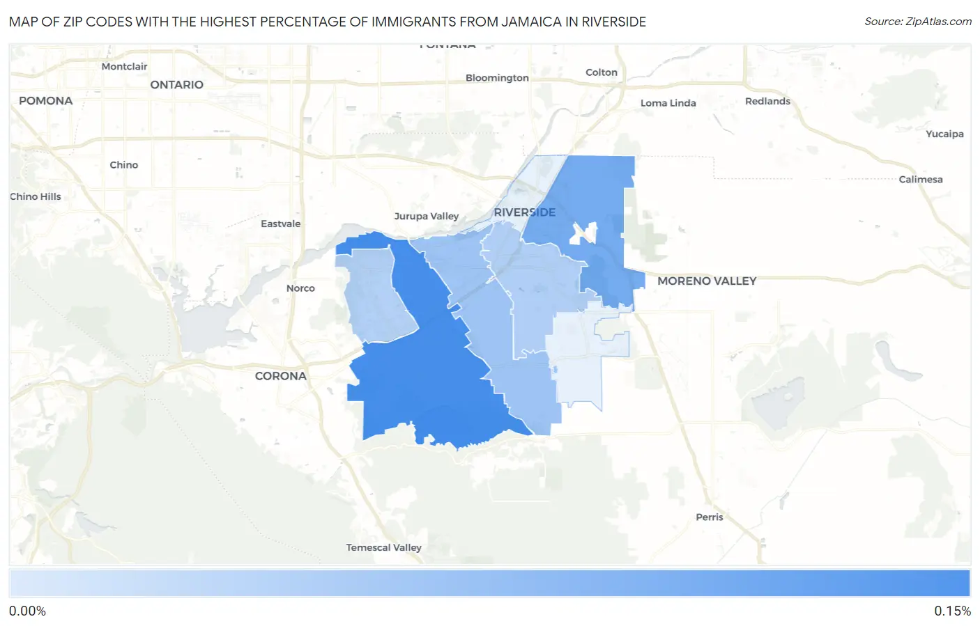 Zip Codes with the Highest Percentage of Immigrants from Jamaica in Riverside Map