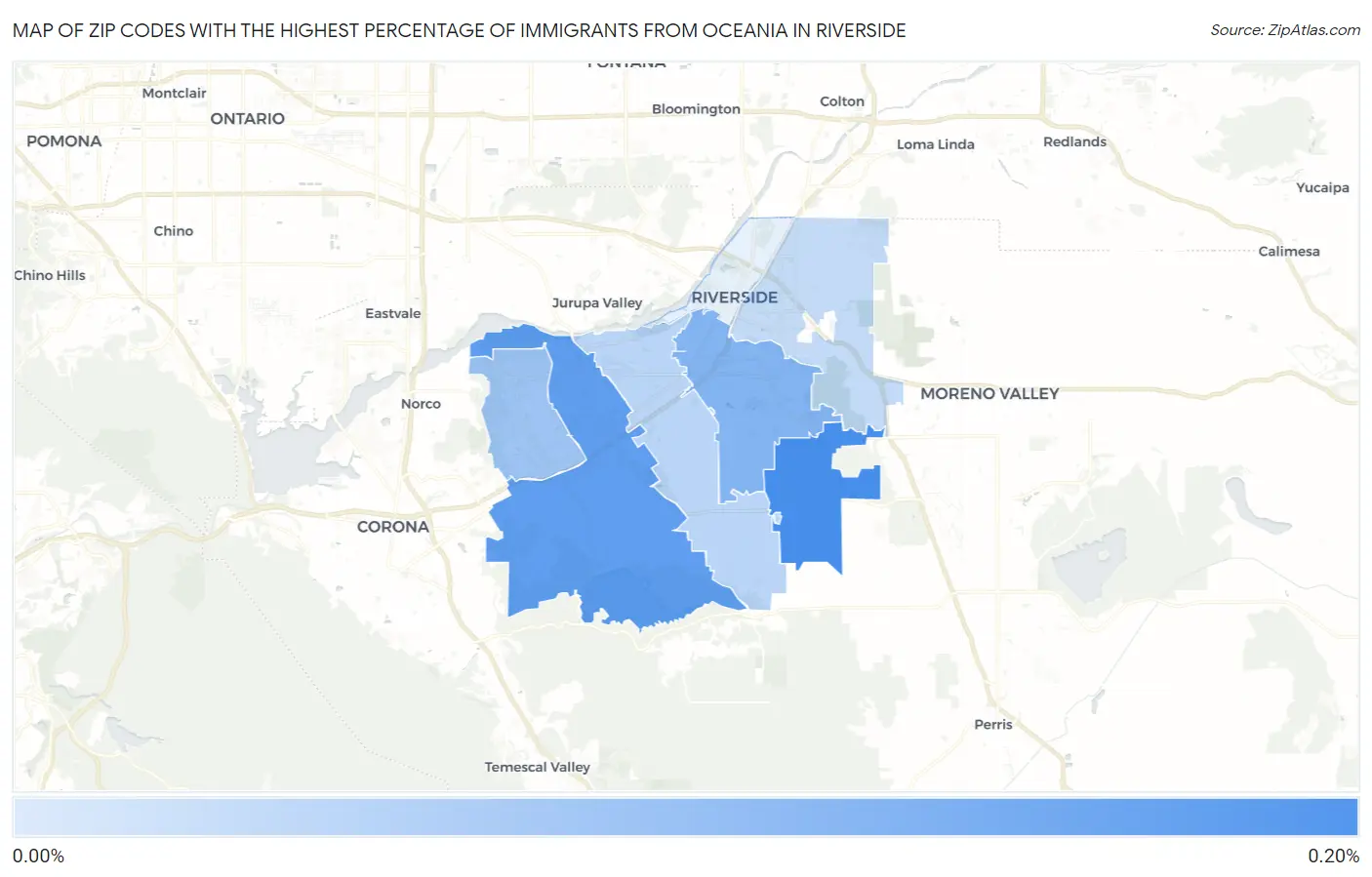 Zip Codes with the Highest Percentage of Immigrants from Oceania in Riverside Map