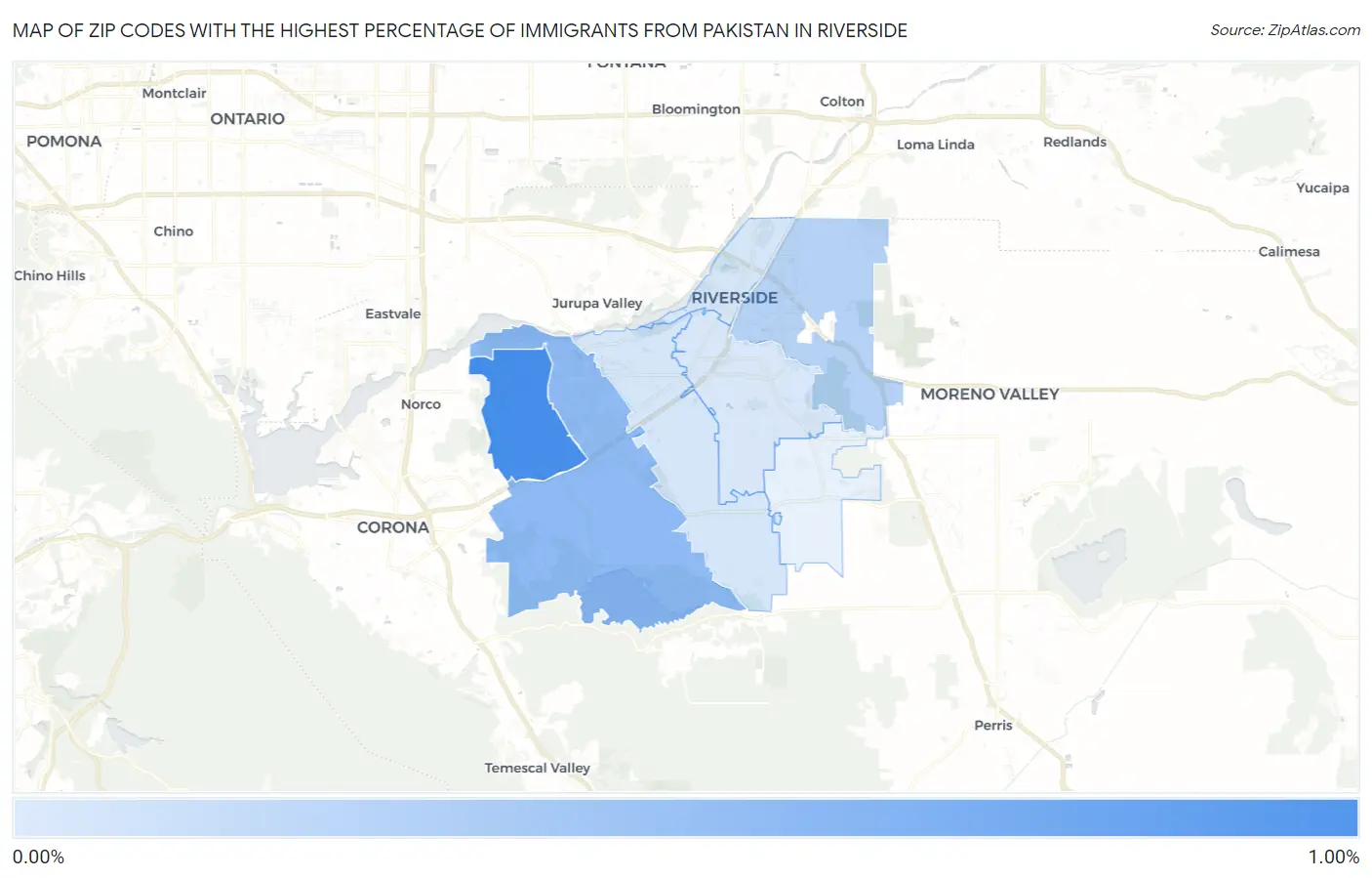 Zip Codes with the Highest Percentage of Immigrants from Pakistan in Riverside Map