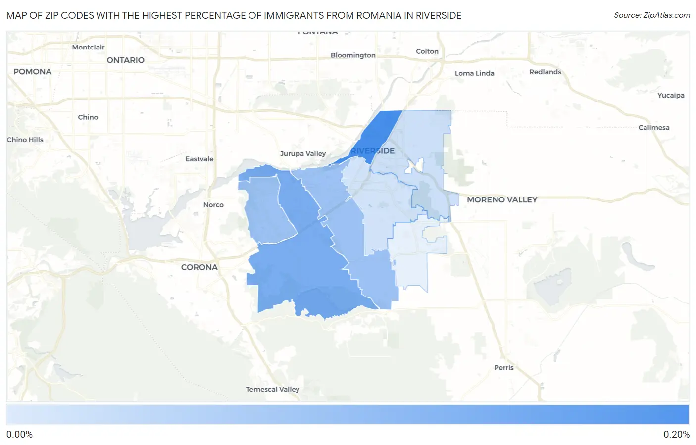 Zip Codes with the Highest Percentage of Immigrants from Romania in Riverside Map