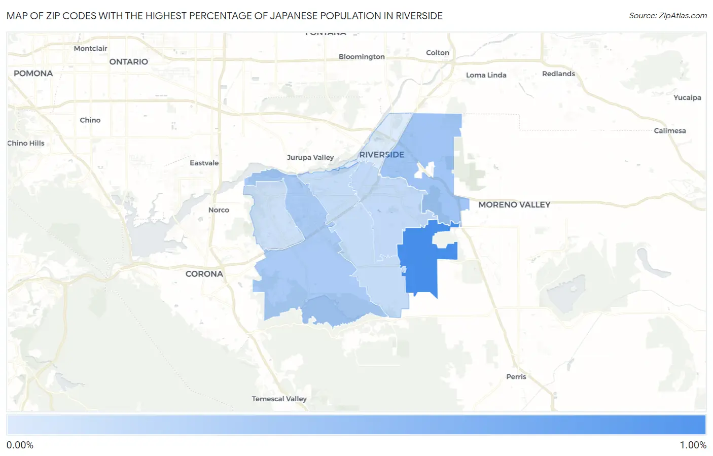 Zip Codes with the Highest Percentage of Japanese Population in Riverside Map