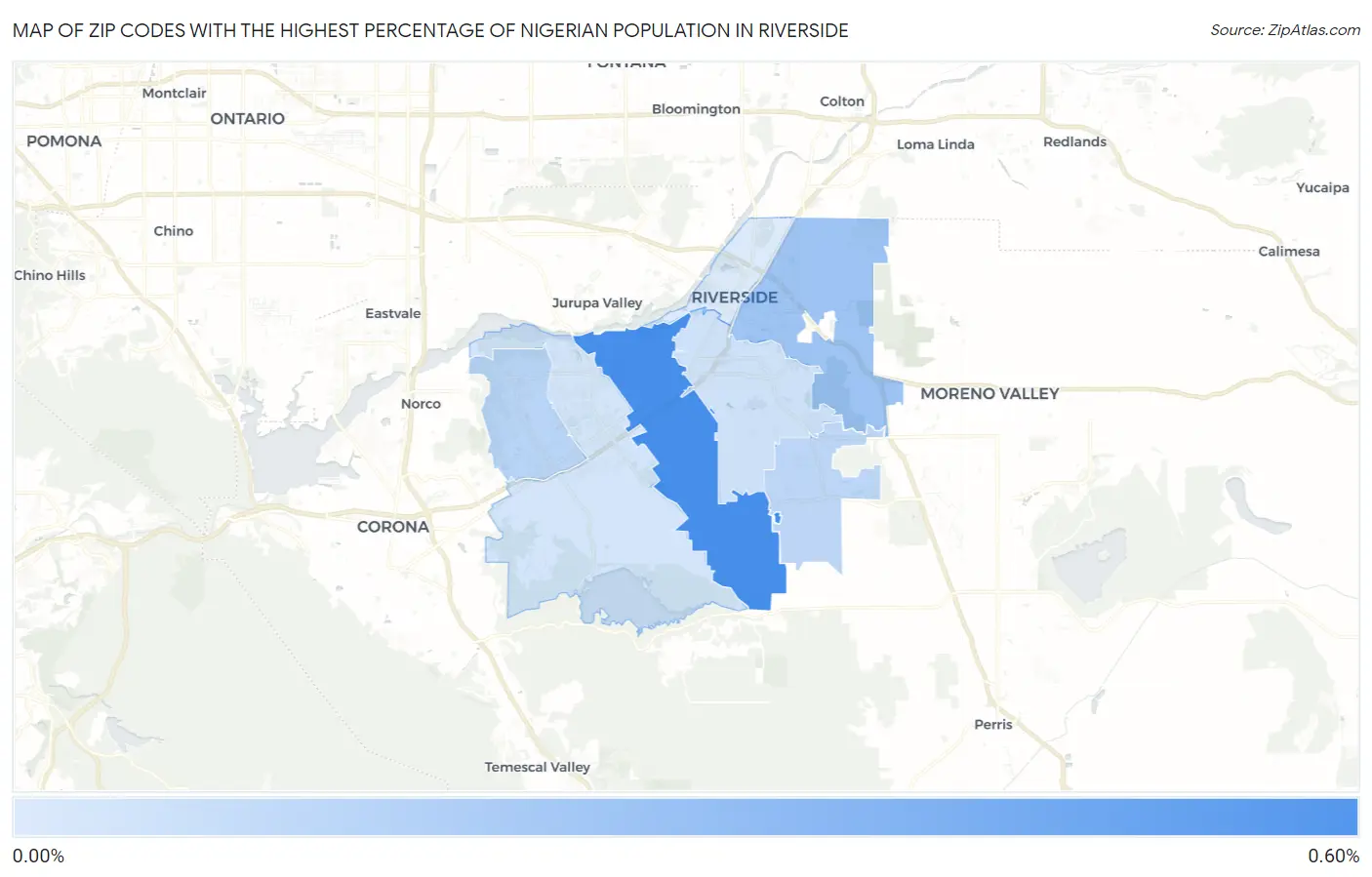 Zip Codes with the Highest Percentage of Nigerian Population in Riverside Map