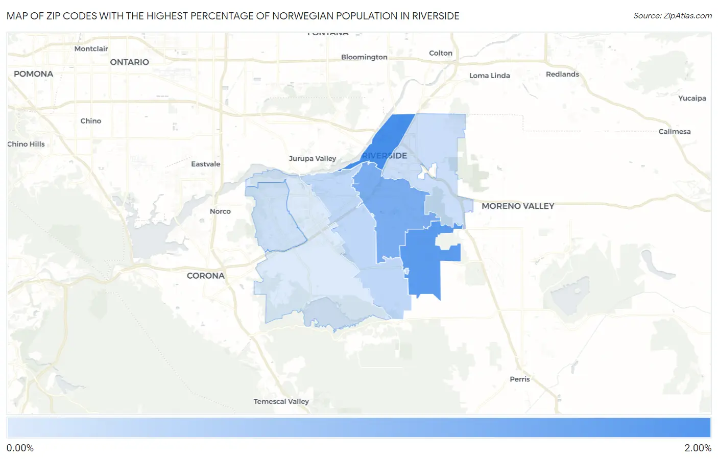 Zip Codes with the Highest Percentage of Norwegian Population in Riverside Map
