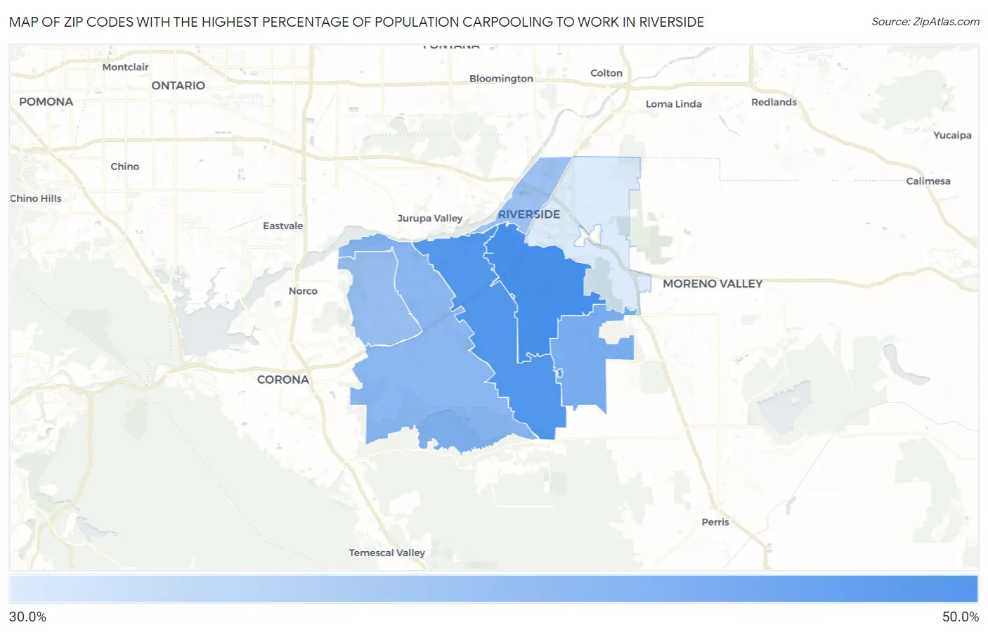 Zip Codes with the Highest Percentage of Population Carpooling to Work in Riverside Map