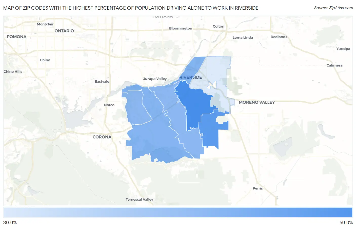 Zip Codes with the Highest Percentage of Population Driving Alone to Work in Riverside Map