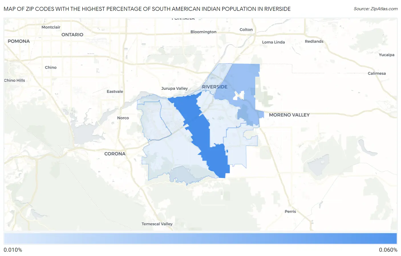 Zip Codes with the Highest Percentage of South American Indian Population in Riverside Map