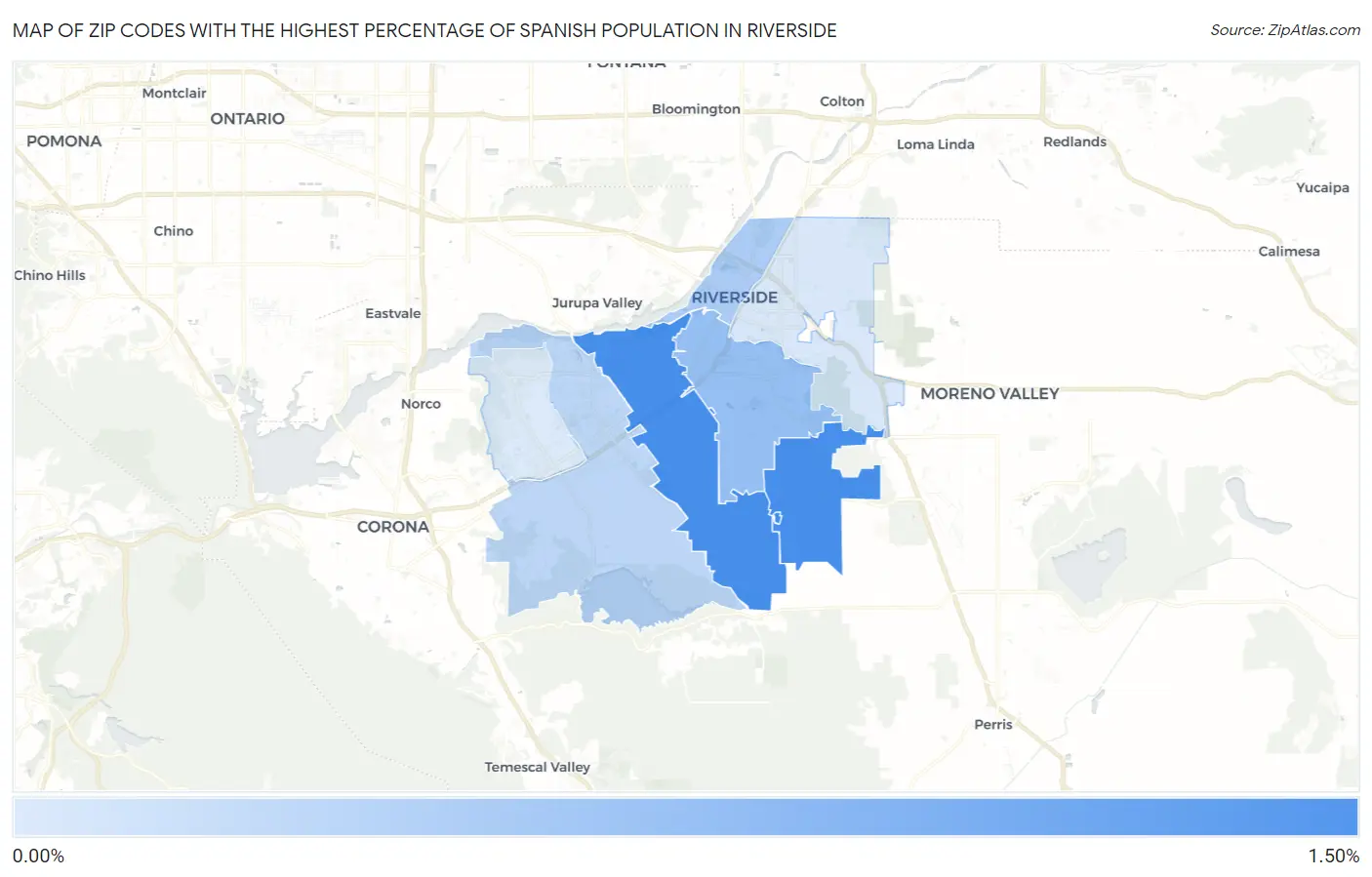 Zip Codes with the Highest Percentage of Spanish Population in Riverside Map