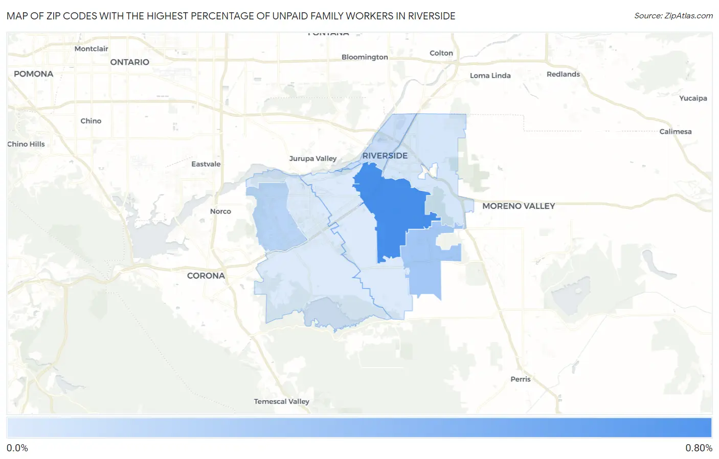 Zip Codes with the Highest Percentage of Unpaid Family Workers in Riverside Map