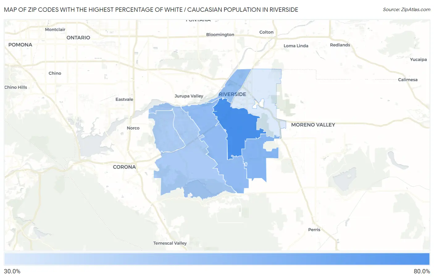 Zip Codes with the Highest Percentage of White / Caucasian Population in Riverside Map