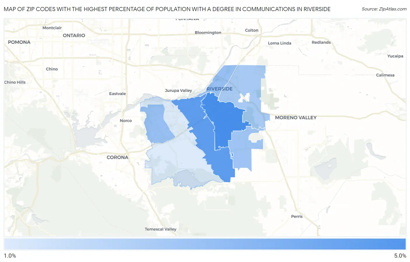 Zip Codes with the Highest Percentage of Population with a Degree in Communications in Riverside Map