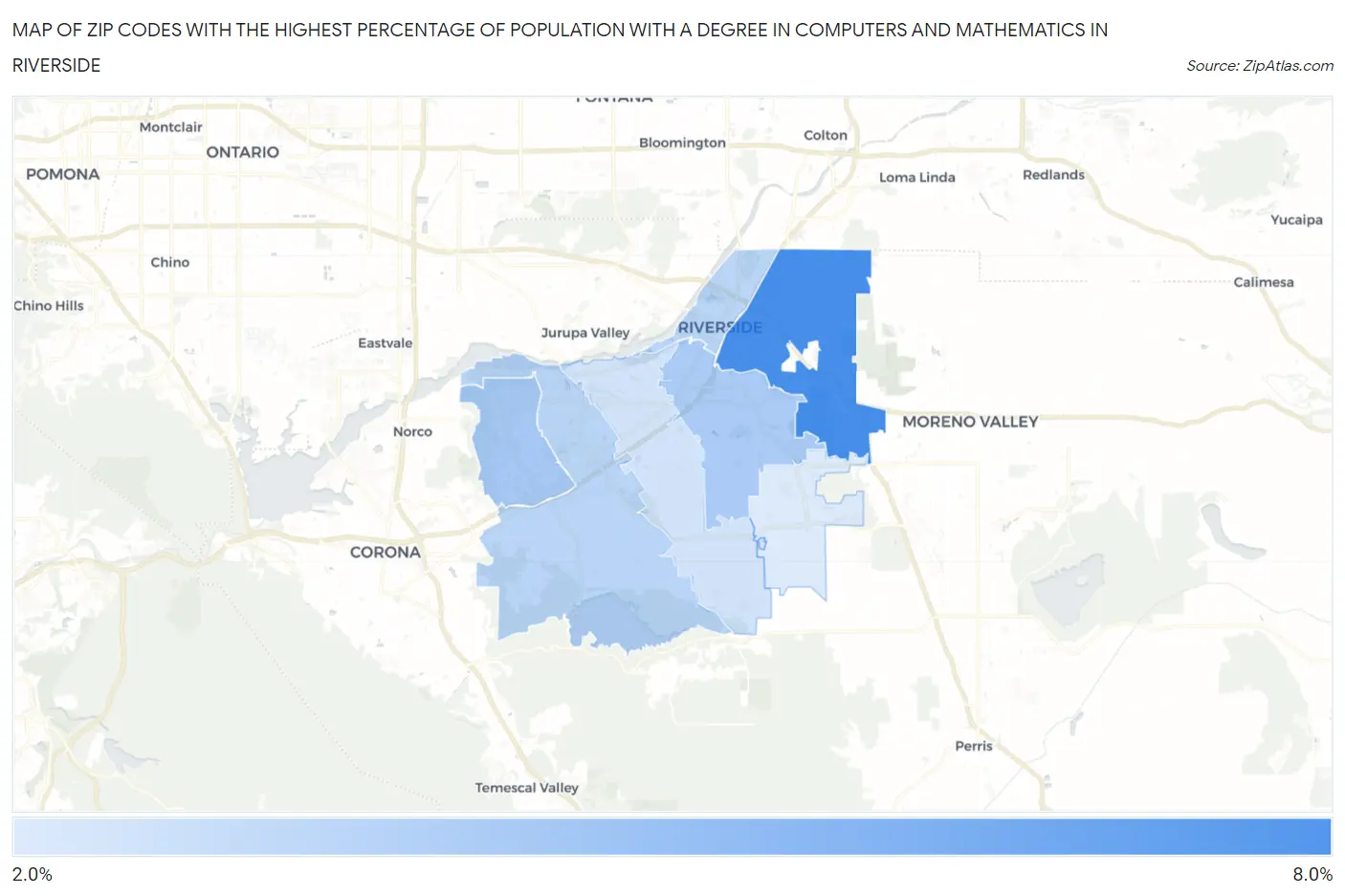 Zip Codes with the Highest Percentage of Population with a Degree in Computers and Mathematics in Riverside Map