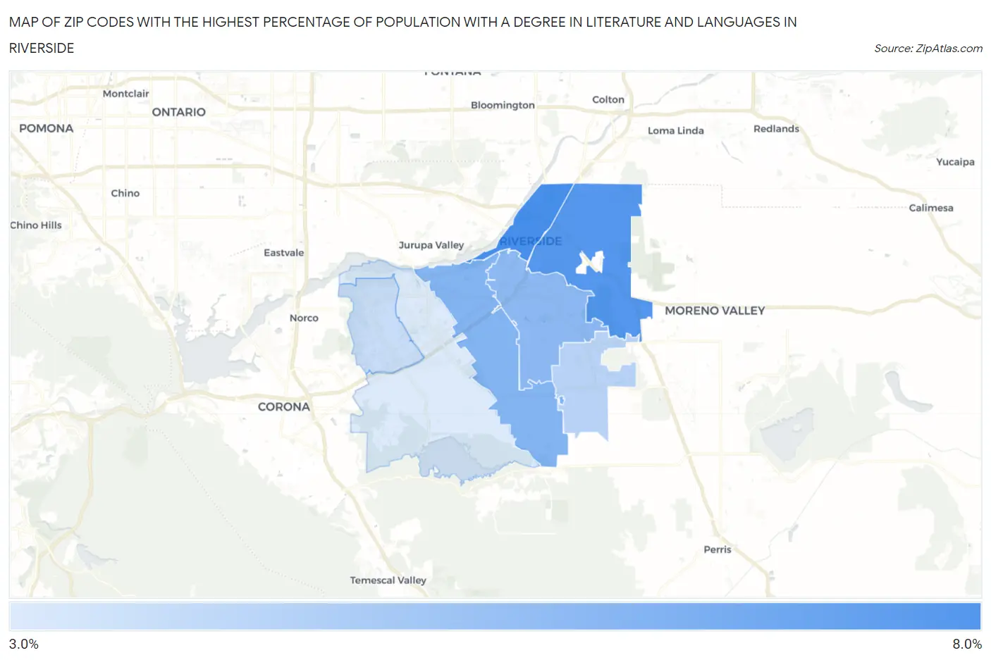 Zip Codes with the Highest Percentage of Population with a Degree in Literature and Languages in Riverside Map
