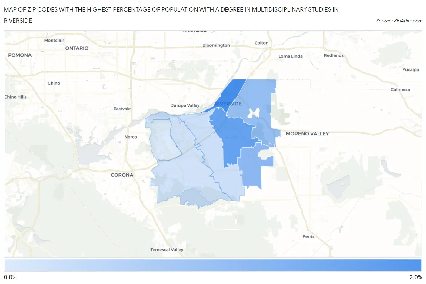Zip Codes with the Highest Percentage of Population with a Degree in Multidisciplinary Studies in Riverside Map